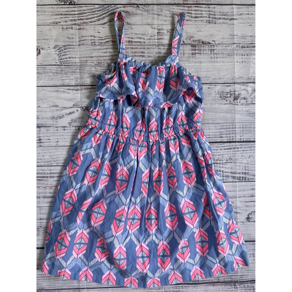 Carter's Linen Blend Dress Kids 8 Blue Pink Geometric Ruffle Neck Sleeveless